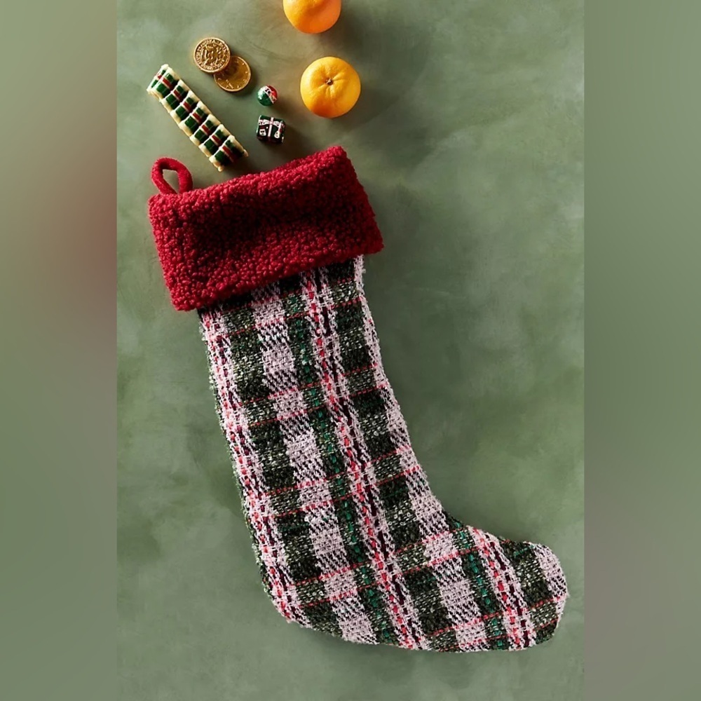 Anthropologie Plaid Christmas Stocking with Red Cuff